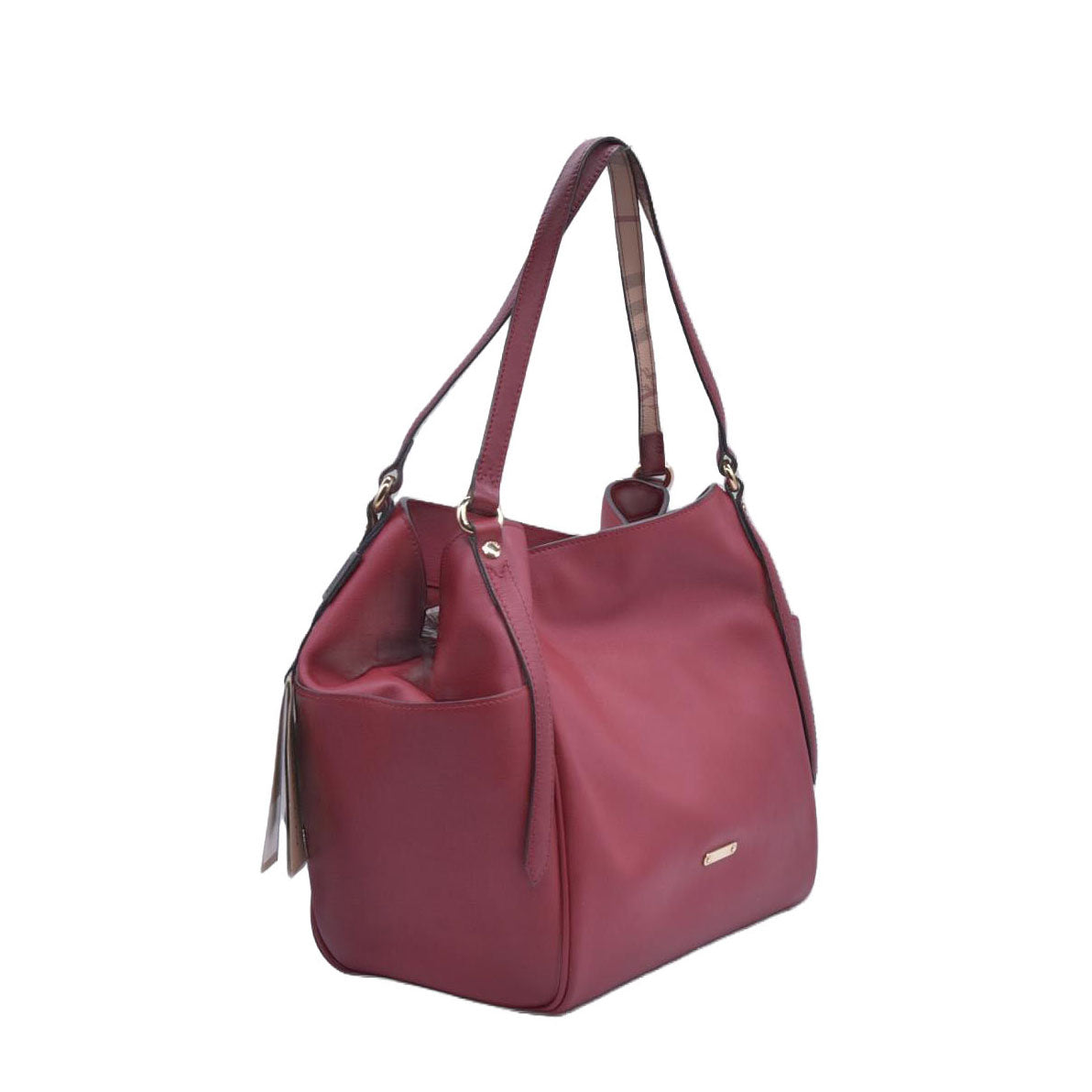 $1095 Burberry Leather Panels Small Canterbury Tote Red CONSIGNMENT