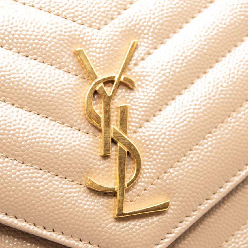 NEW Saint Laurent Grain De Poudre Matelasse Chevron Monogram Envelope Chain Wallet Nude Powder