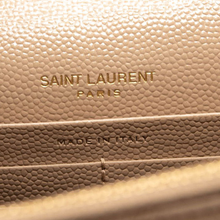 NEW Saint Laurent Grain De Poudre Matelasse Chevron Monogram Envelope Chain Wallet Nude Powder