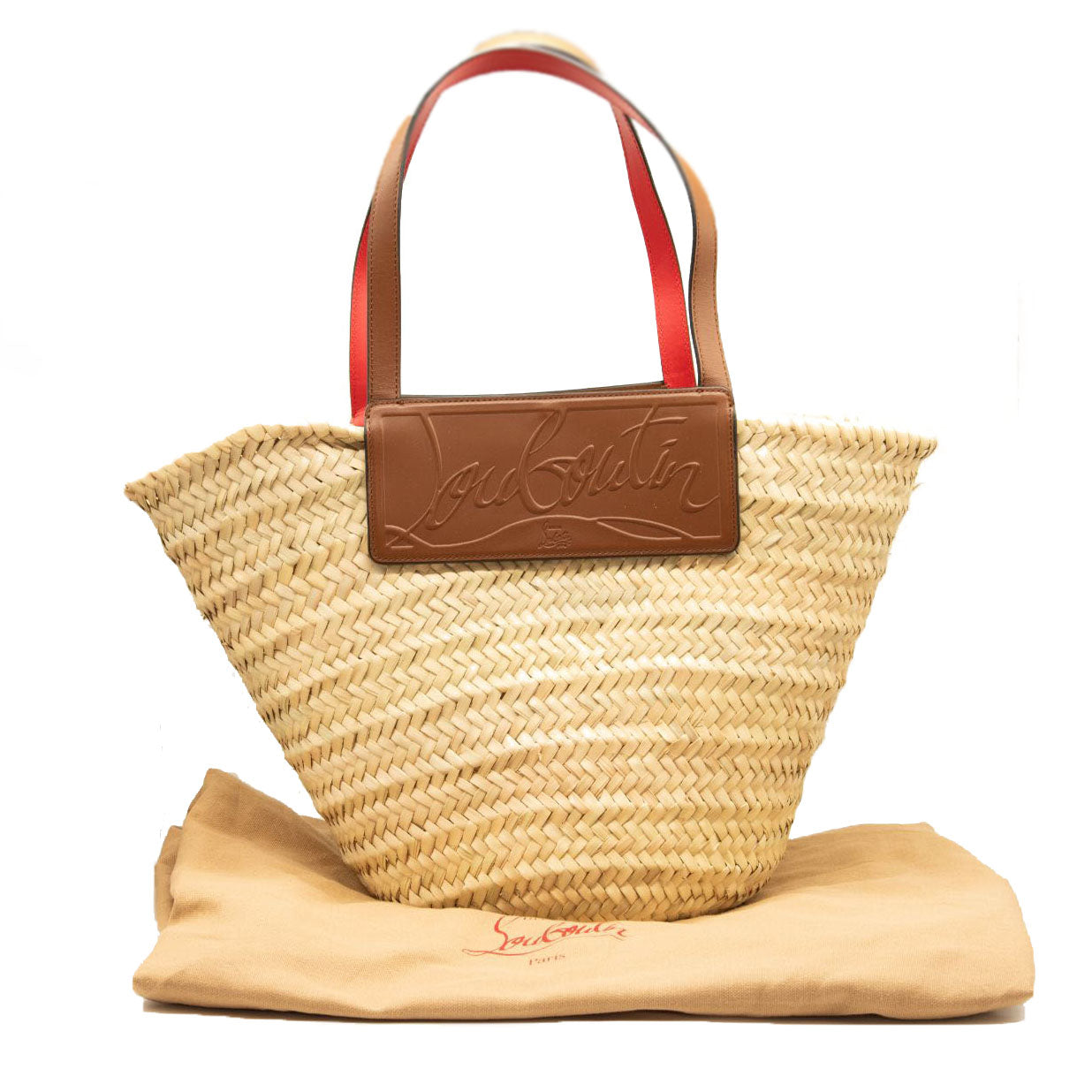 NEW CHRISTIAN LOUBOUTIN Woven Straw Loubishore Tote Brown