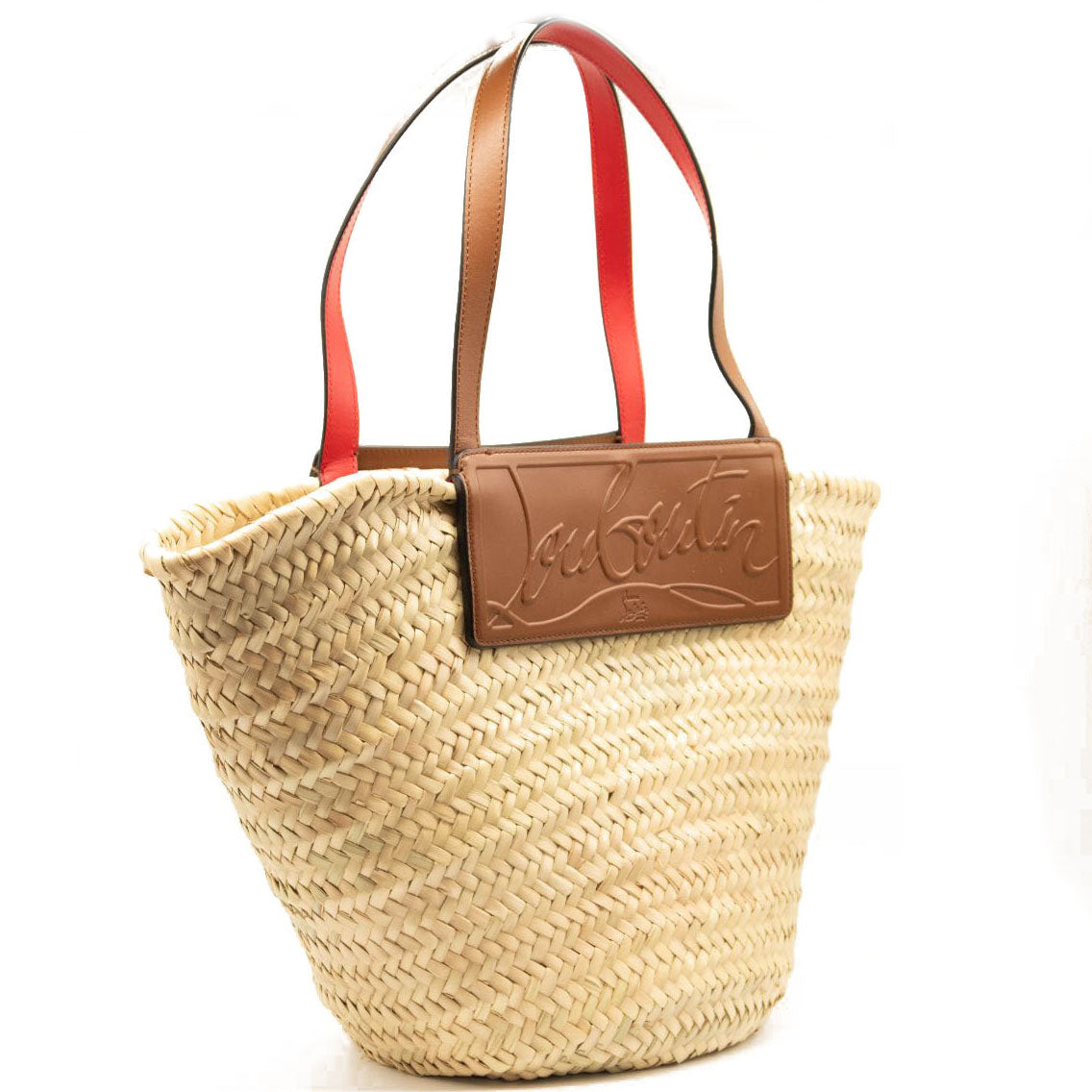 NEW CHRISTIAN LOUBOUTIN Woven Straw Loubishore Tote Brown