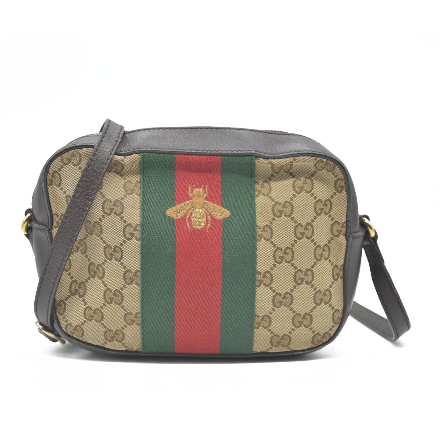 Gucci  GG Supreme Monogram Web Small Webby Bee Shoulder Bag Dark Brown