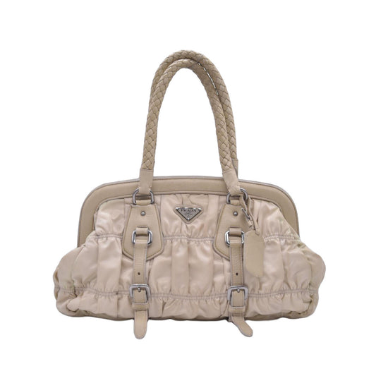 $800 PRADA Logo Plate Nylon Hand Bag Ivory 10021023