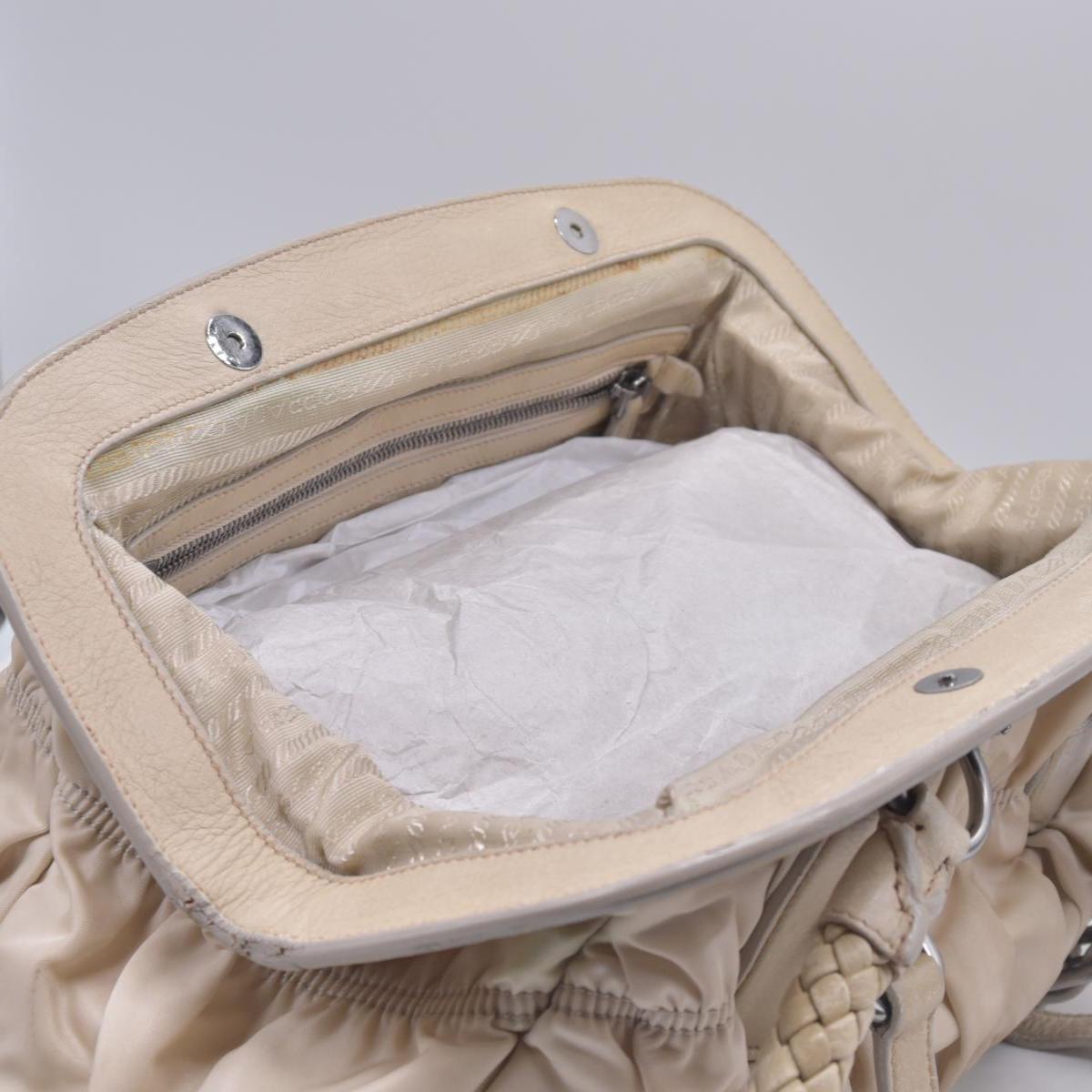 $800 PRADA Logo Plate Nylon Hand Bag Ivory 10021023
