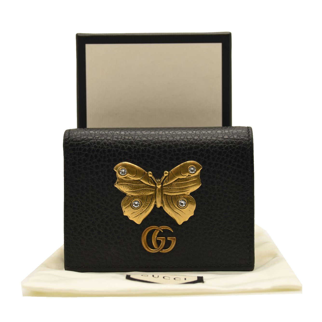 GUCCI Pebbled Calfskin Butterfly Card Case Black