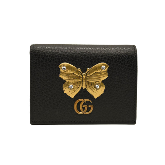 GUCCI Pebbled Calfskin Butterfly Card Case Black