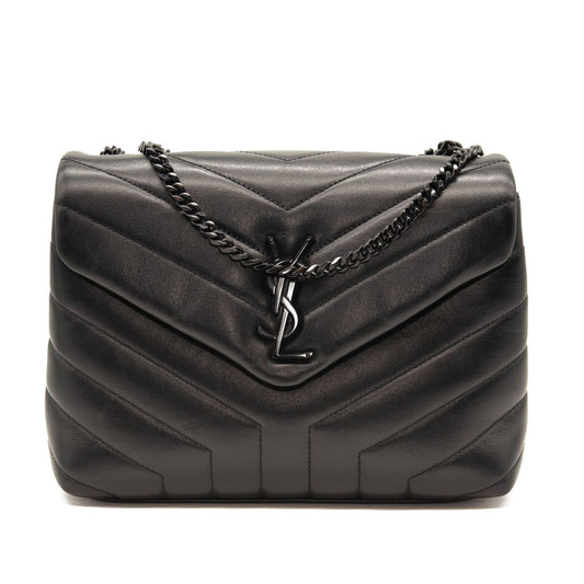 SAINT LAURENT Calfskin Y Quilted Monogram Monochrome Small Loulou Chain Satchel Black