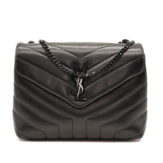 USED SAINT LAURENT Calfskin Y Quilted Monogram Monochrome Small Loulou Chain Satchel Black