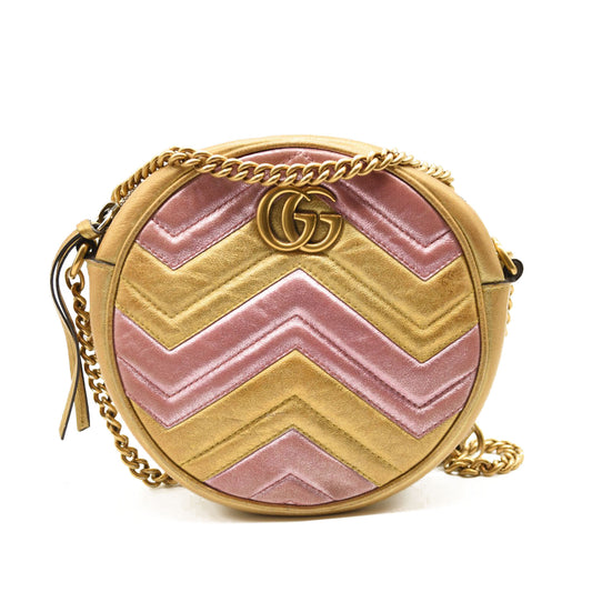 GUCCI Metallic Calfskin Matelasse Mini GG Marmont Round Shoulder Bag Gold Pink