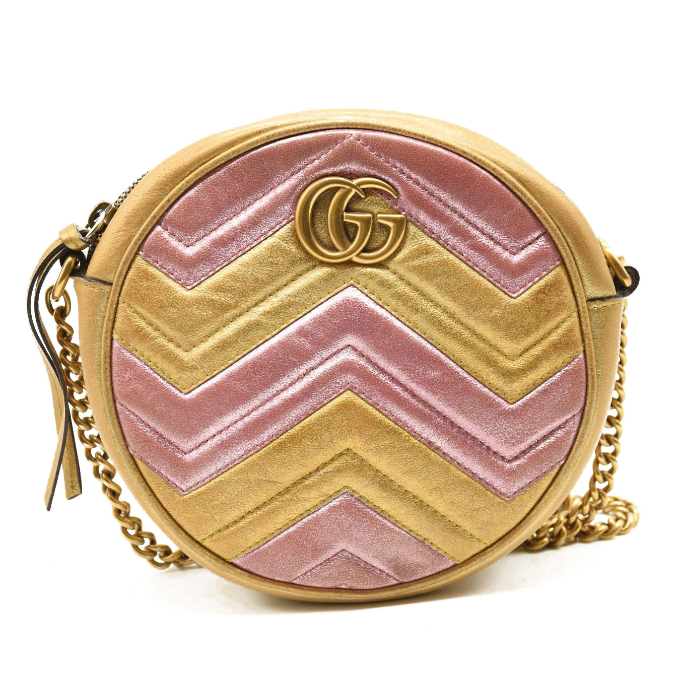 GUCCI Metallic Calfskin Matelasse Mini GG Marmont Round Shoulder Bag Gold Pink