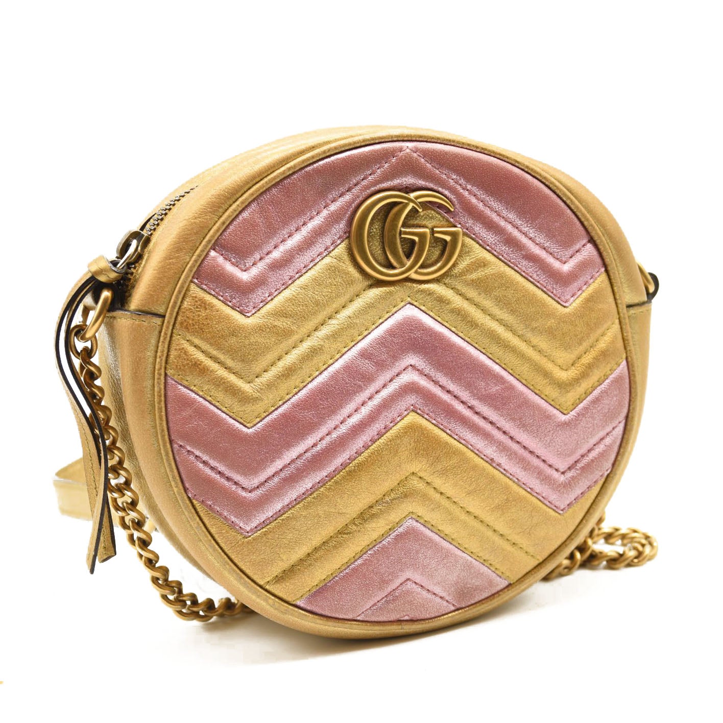 GUCCI Metallic Calfskin Matelasse Mini GG Marmont Round Shoulder Bag Gold Pink