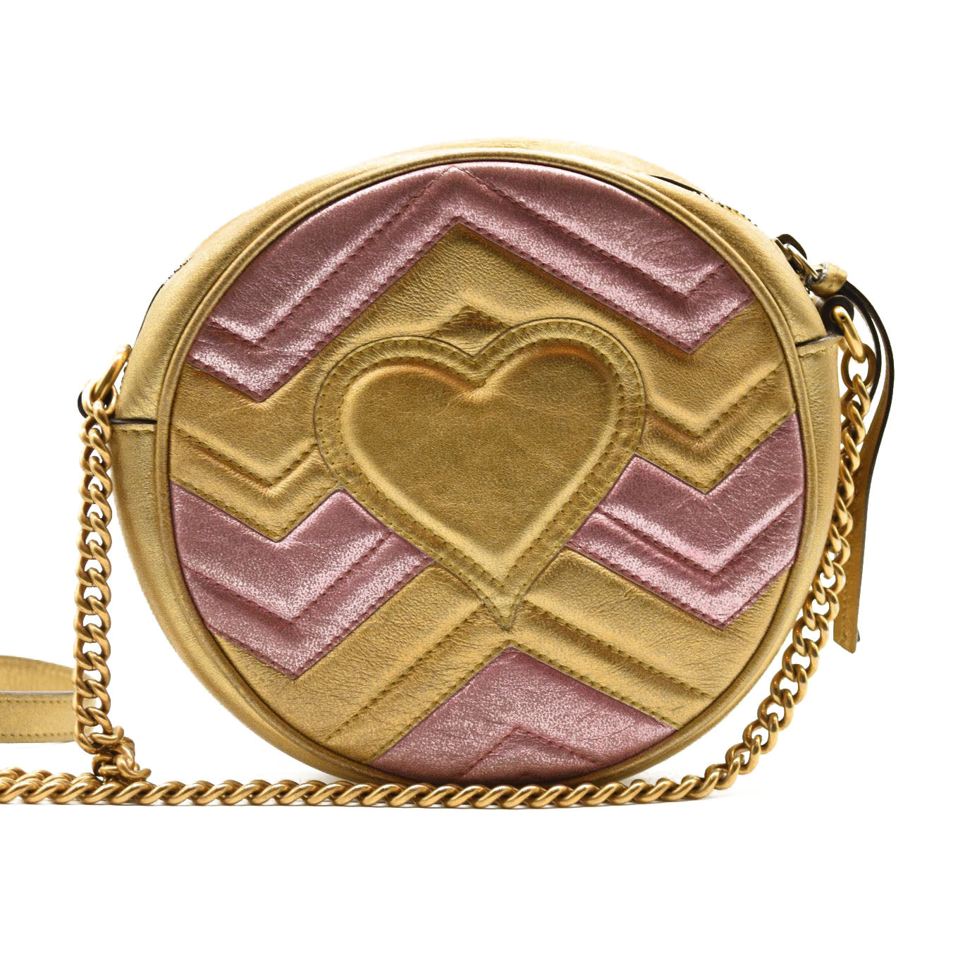 GUCCI Metallic Calfskin Matelasse Mini GG Marmont Round Shoulder Bag Gold Pink