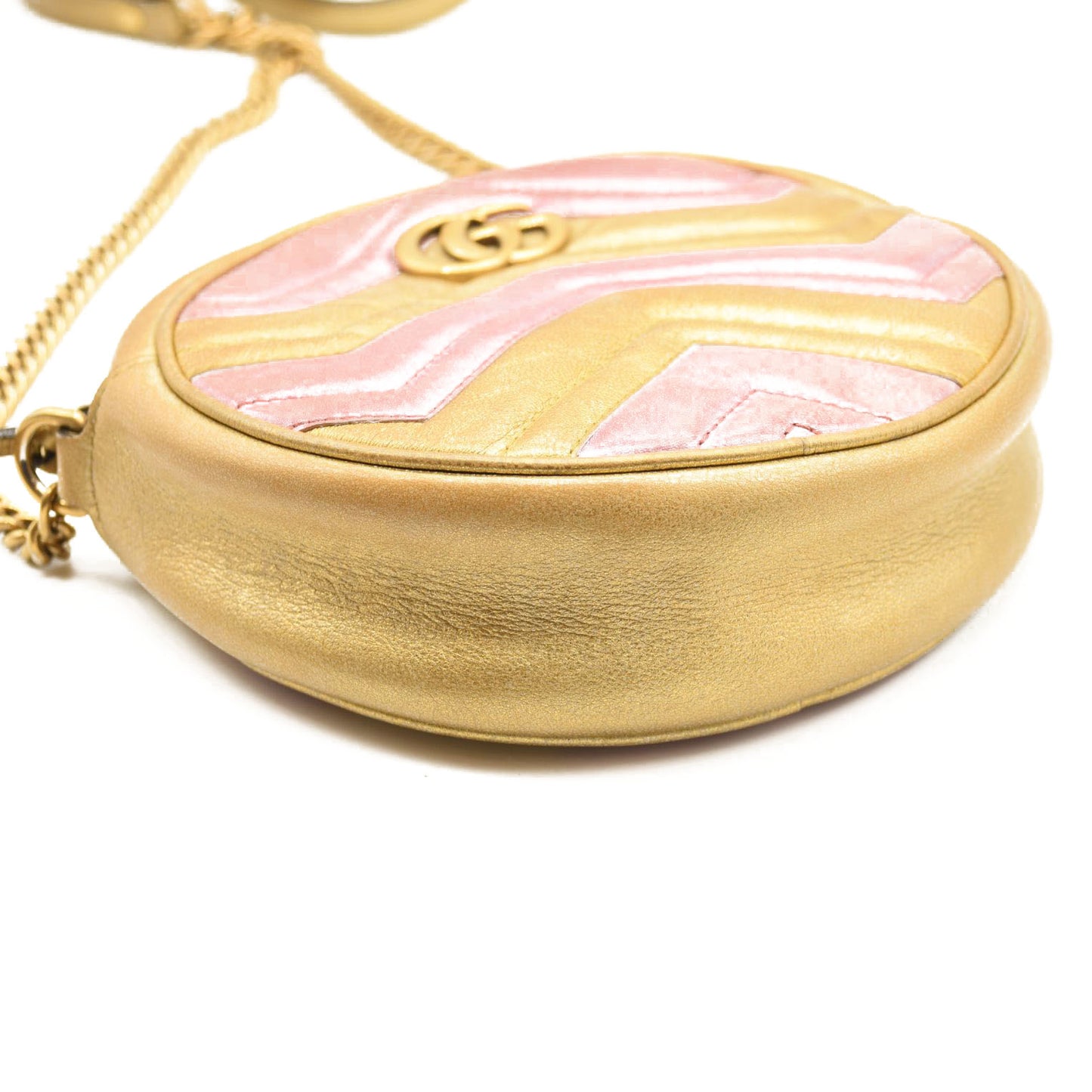 GUCCI Metallic Calfskin Matelasse Mini GG Marmont Round Shoulder Bag Gold Pink