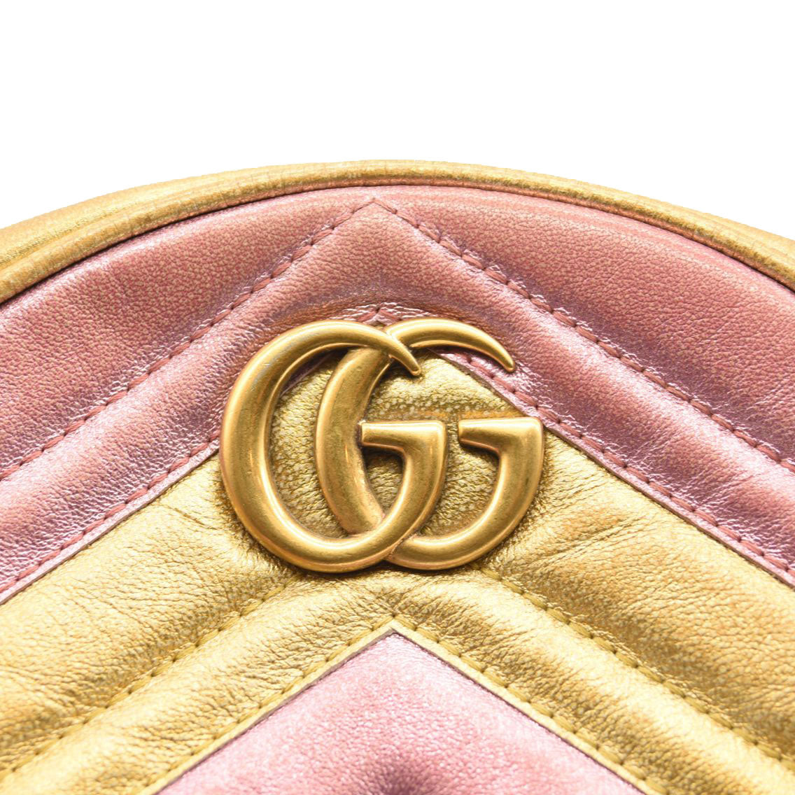 GUCCI Metallic Calfskin Matelasse Mini GG Marmont Round Shoulder Bag Gold Pink