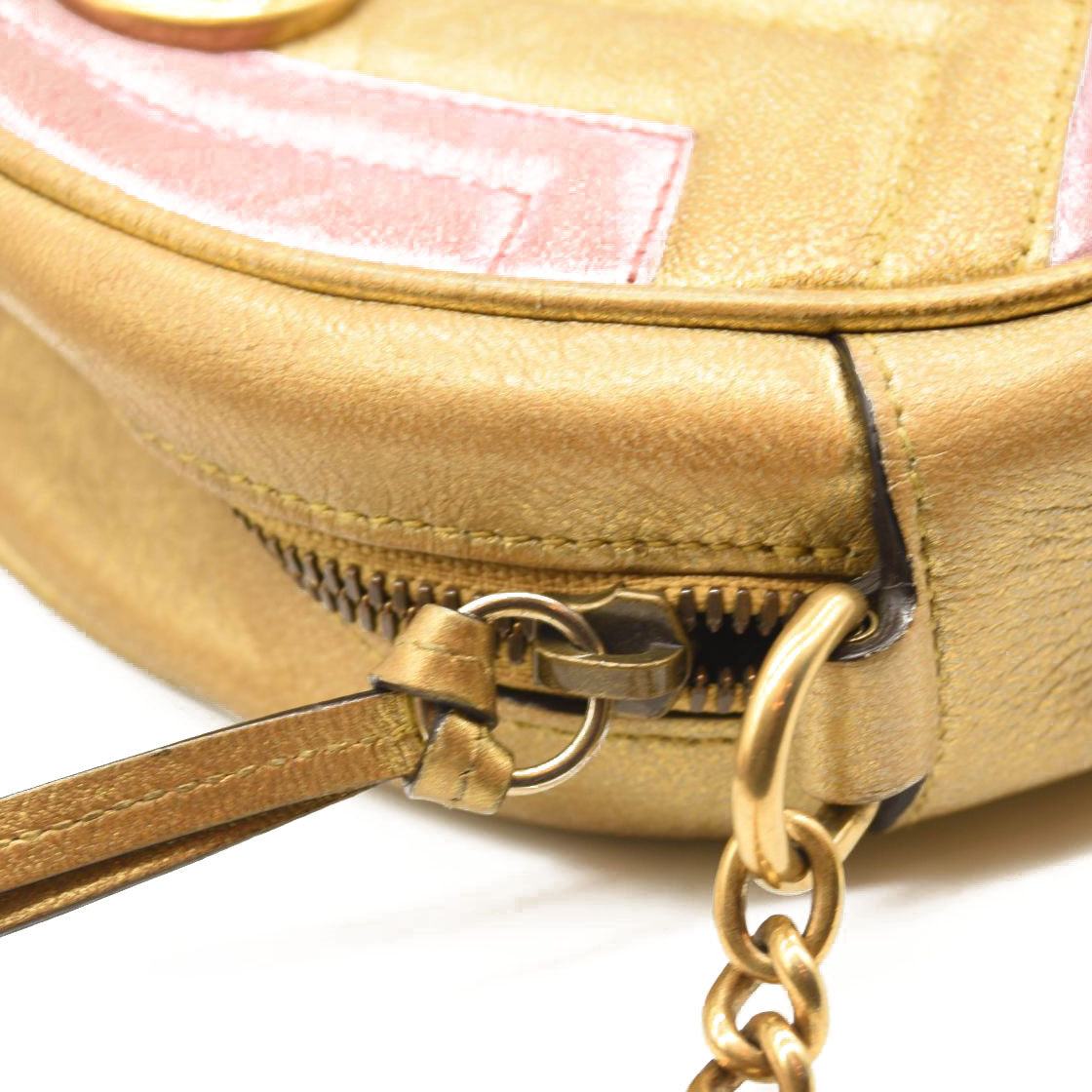 GUCCI Metallic Calfskin Matelasse Mini GG Marmont Round Shoulder Bag Gold Pink