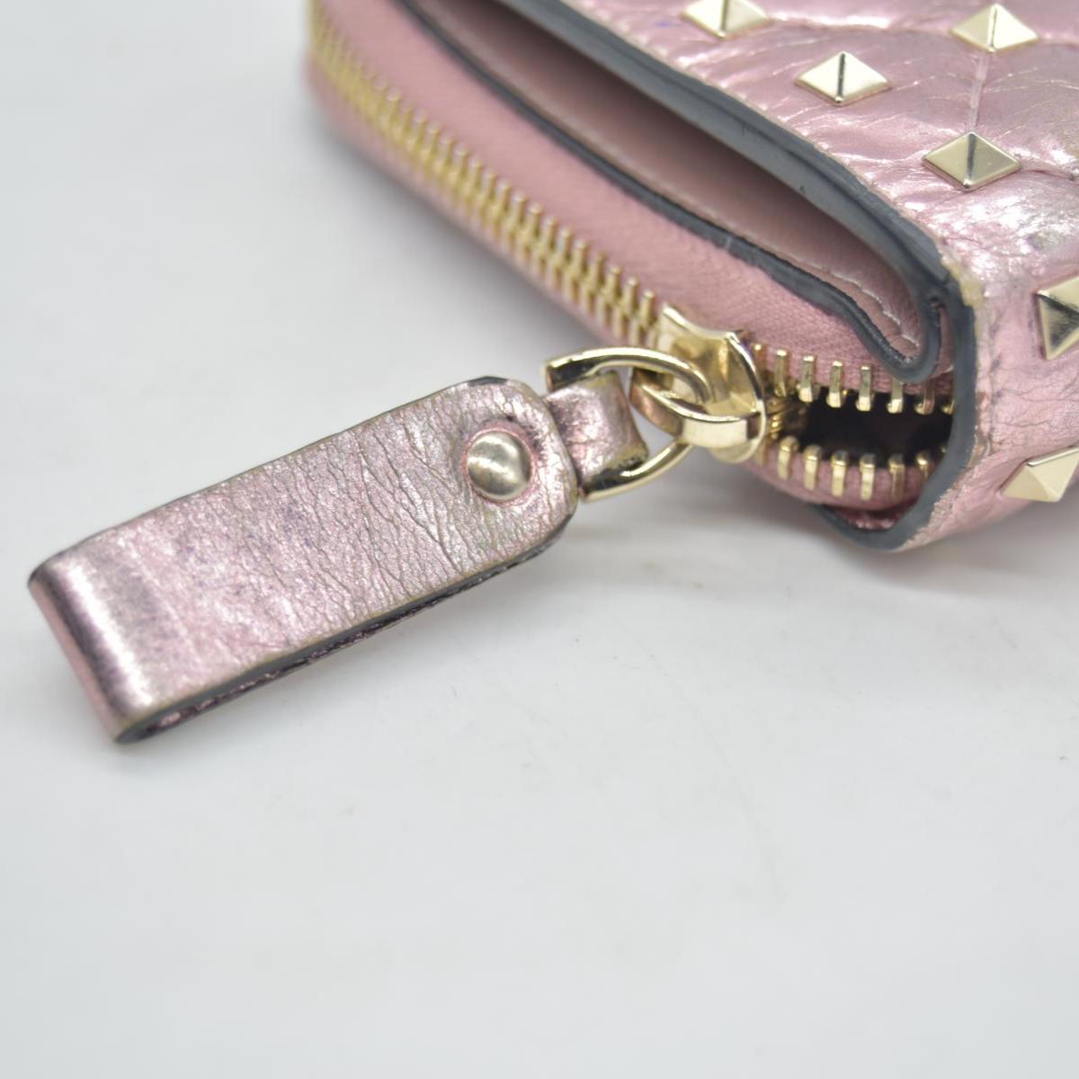 $775 VALENTINO Garavani Nappa Rockstud Spike Compact Zip Around Wallet Metallic Pink