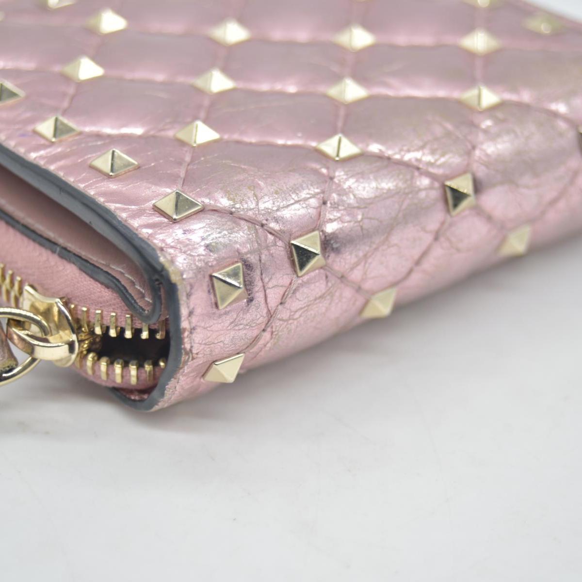 $775 VALENTINO Garavani Nappa Rockstud Spike Compact Zip Around Wallet Metallic Pink