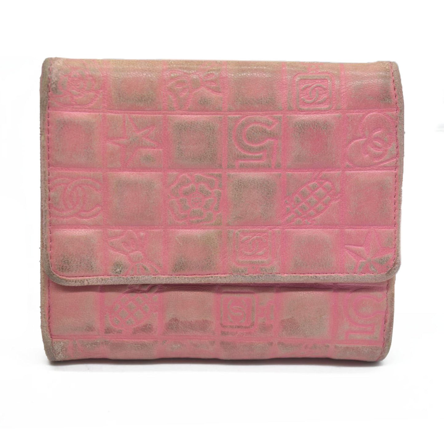 Chanel icon line Bi-fold Wallet With Silver Metal Lambskin Light Pink