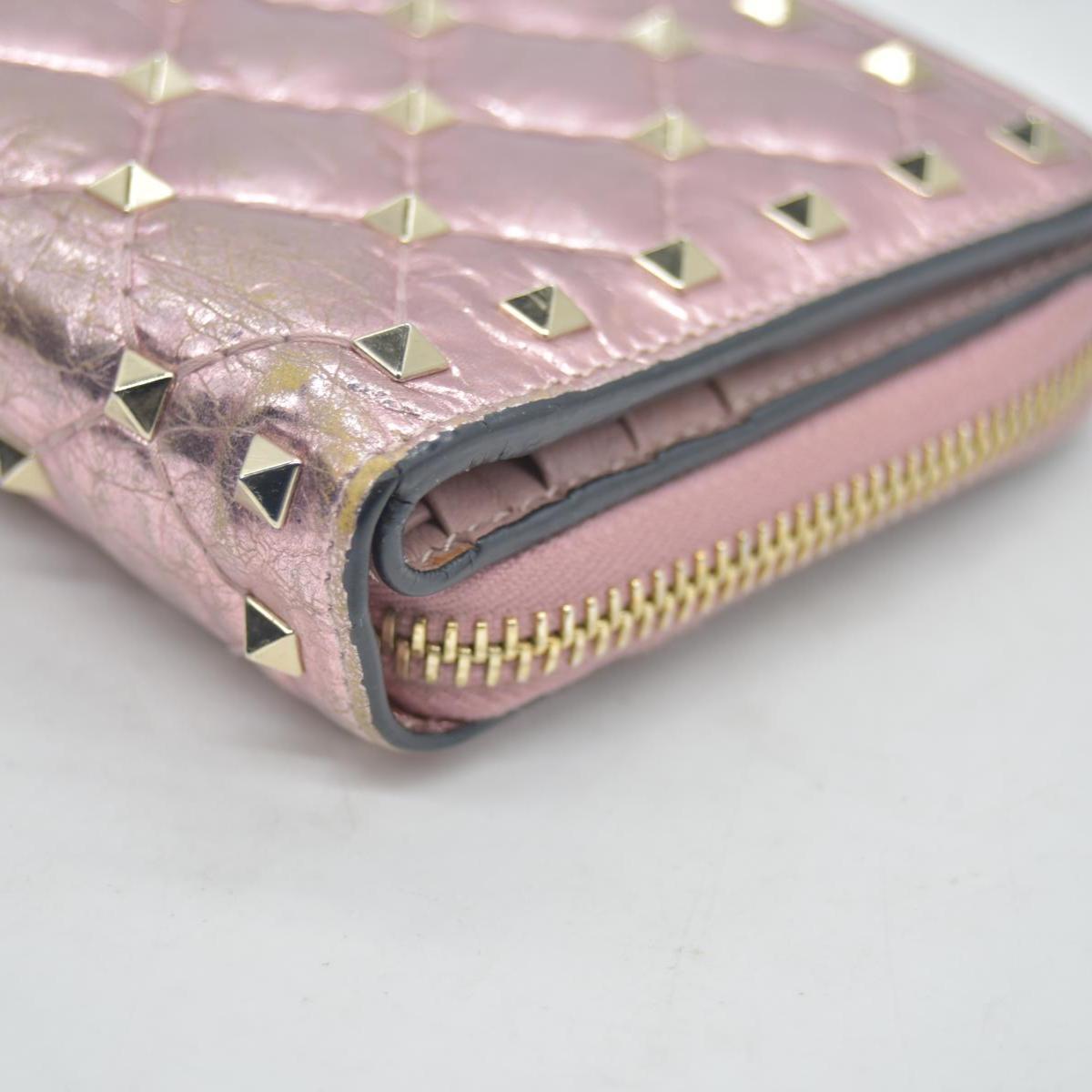 $775 VALENTINO Garavani Nappa Rockstud Spike Compact Zip Around Wallet Metallic Pink