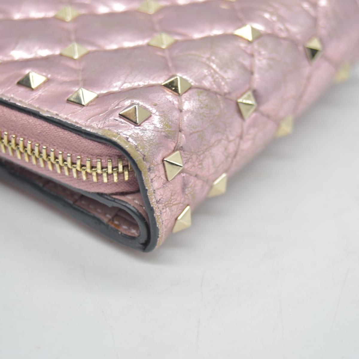 $775 VALENTINO Garavani Nappa Rockstud Spike Compact Zip Around Wallet Metallic Pink