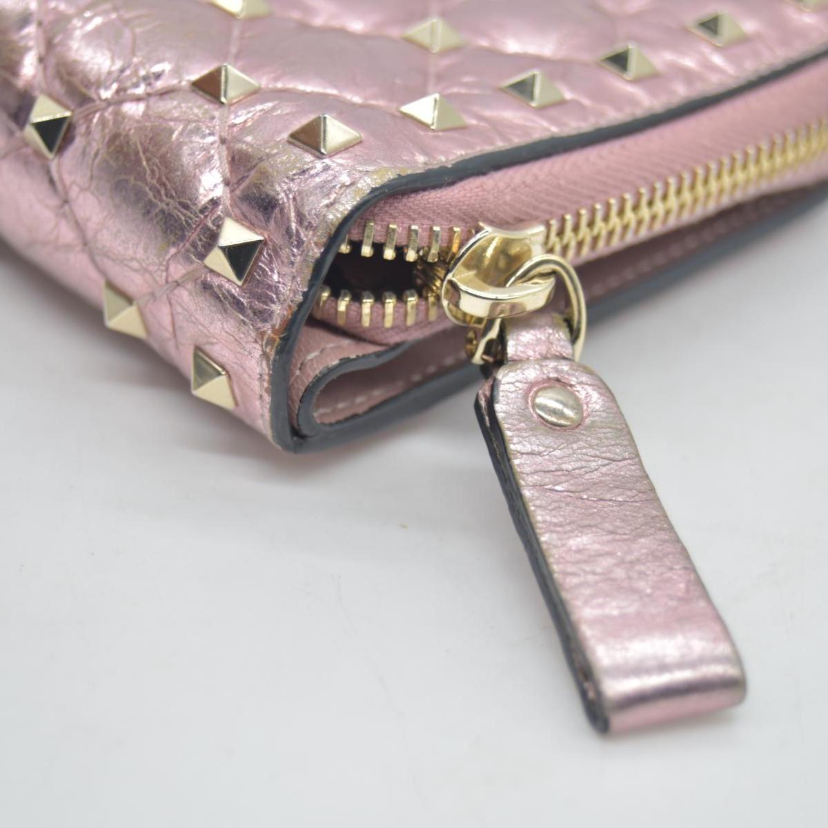 $775 VALENTINO Garavani Nappa Rockstud Spike Compact Zip Around Wallet Metallic Pink