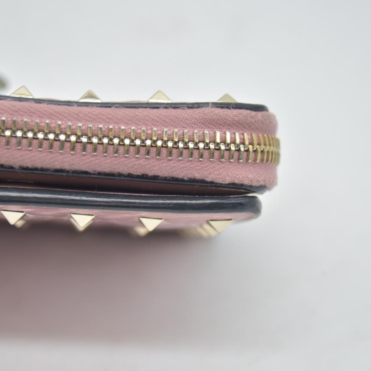 $775 VALENTINO Garavani Nappa Rockstud Spike Compact Zip Around Wallet Metallic Pink