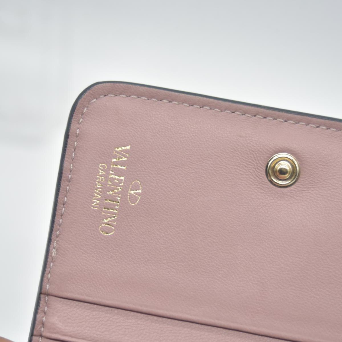 $775 VALENTINO Garavani Nappa Rockstud Spike Compact Zip Around Wallet Metallic Pink