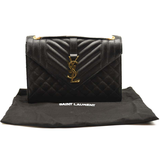 NEW SAINT LAURENT Grain De Poudre Textured Mixed Matelasse Triquilt Medium Monogram Satchel Black