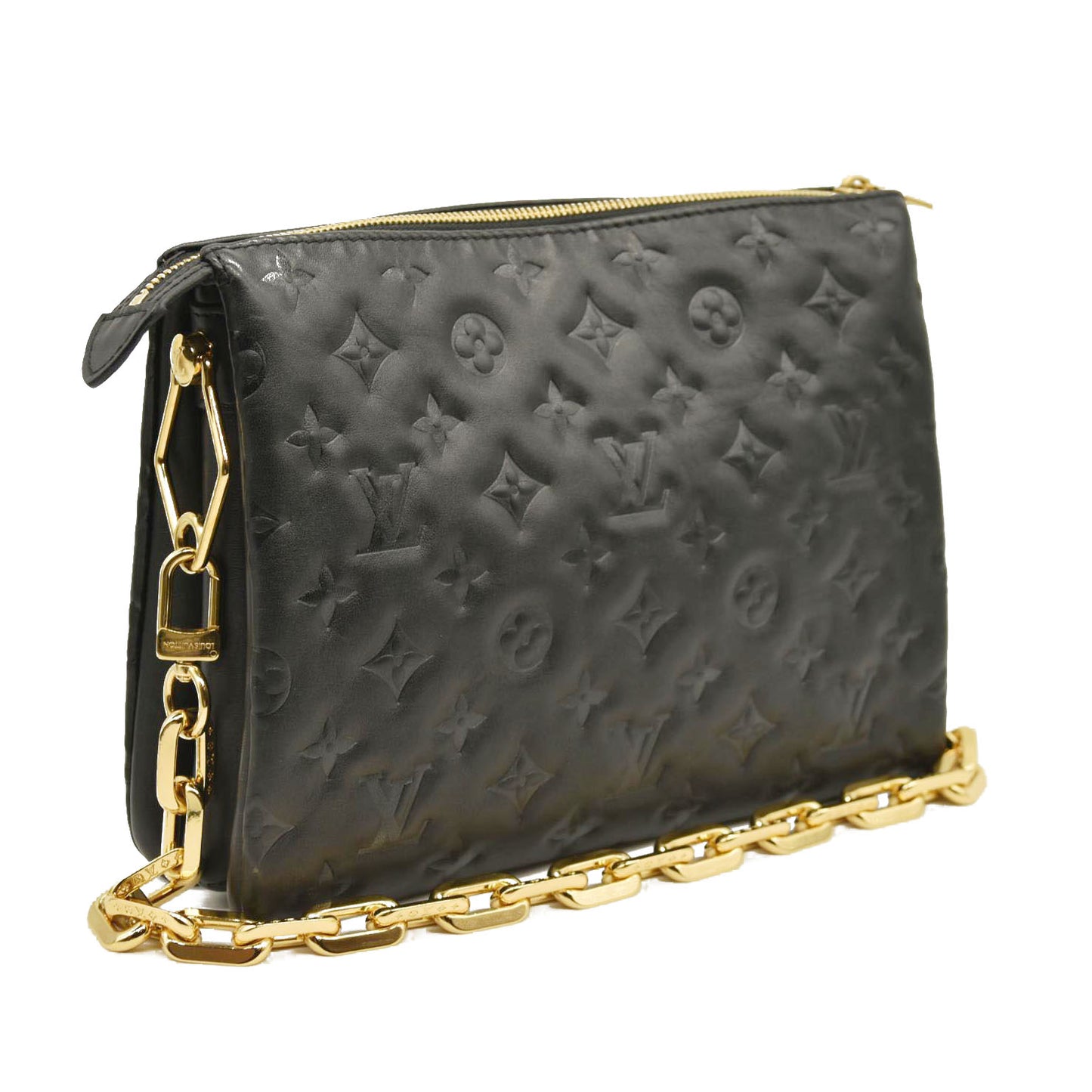 LOUIS VUITTON Lambskin Embossed Monogram Coussin PM Black