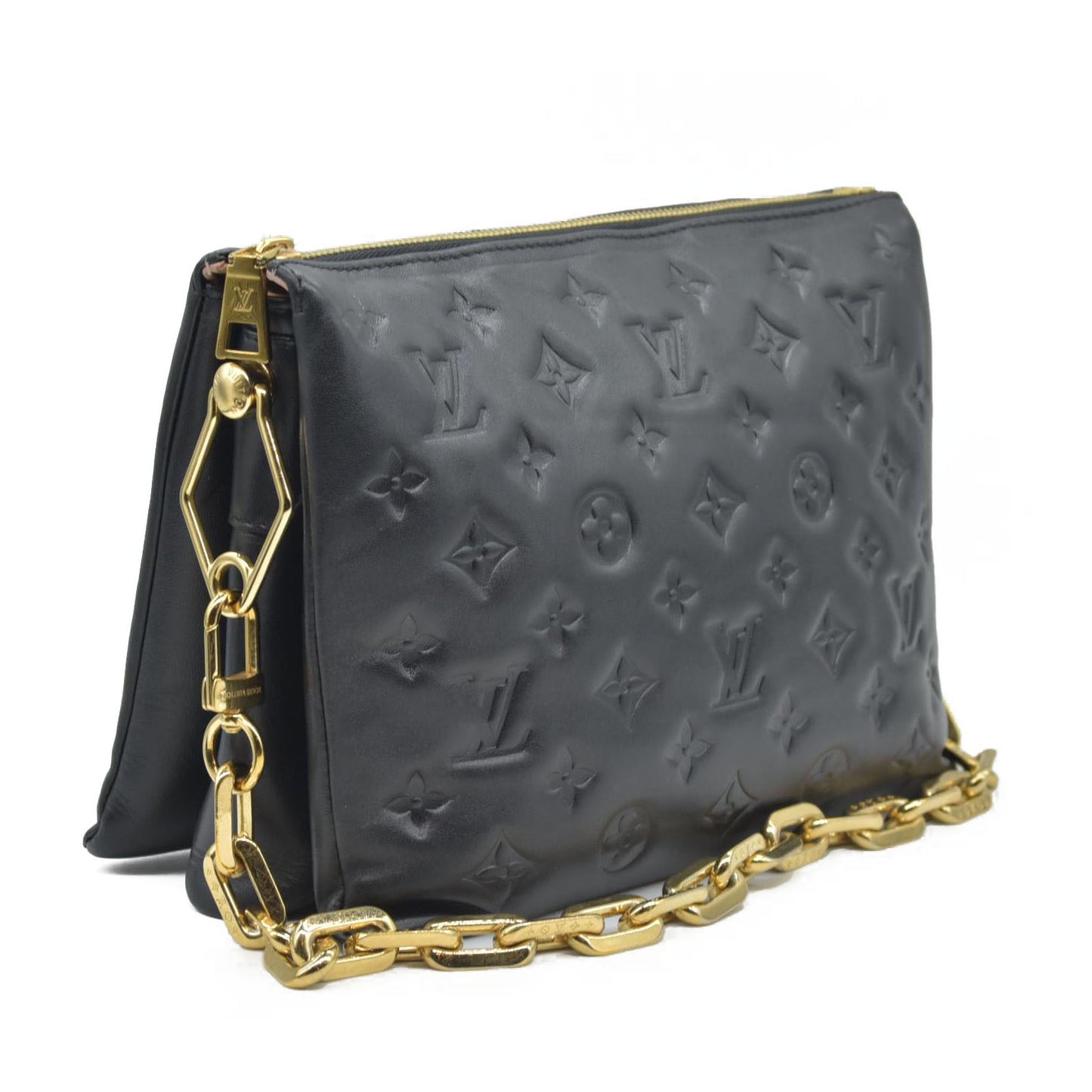 $4950 Louis Vuitton Lambskin Embossed Monogram Coussin PM Black