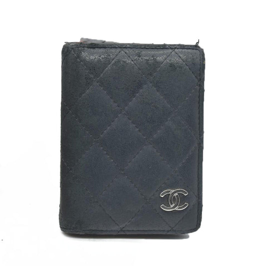 Chanel  Crumpled Calfskin Quilted Card Holder Wallet So Black