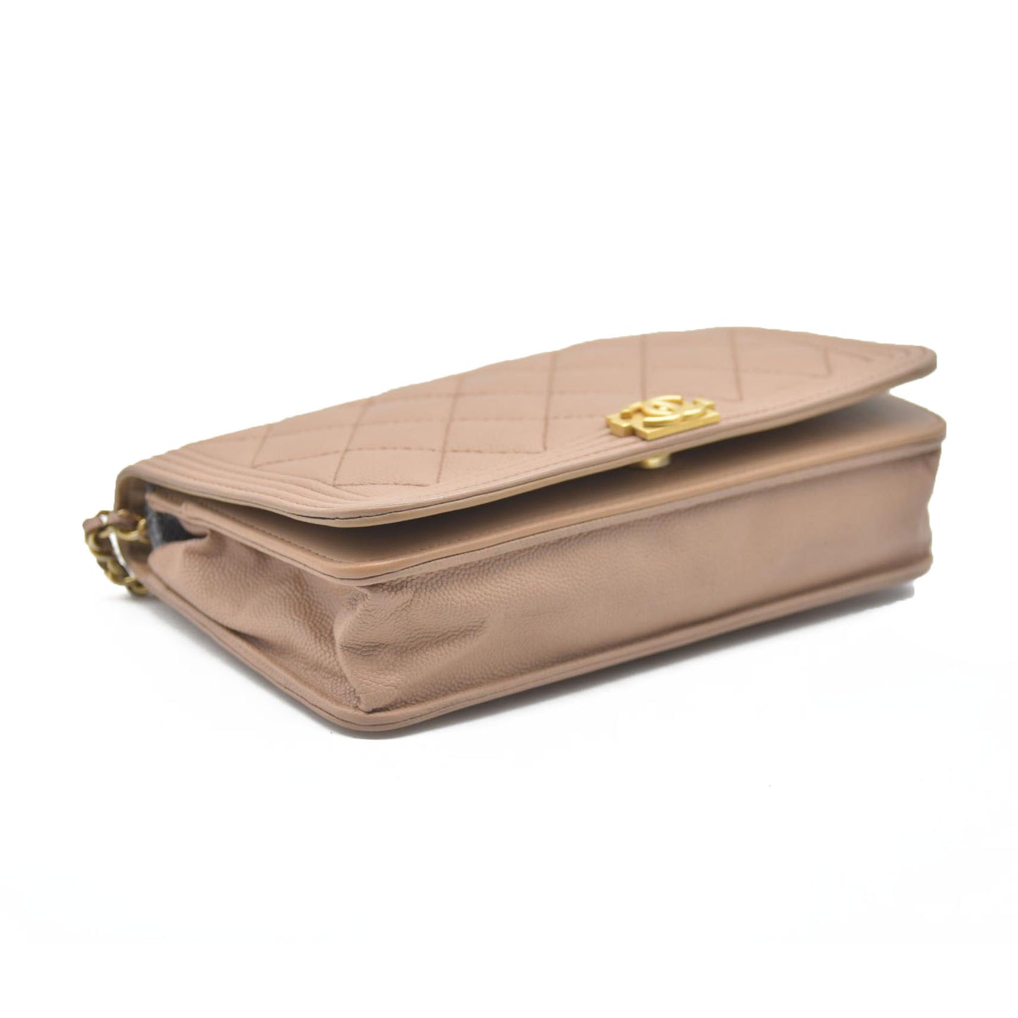 $3575 Chanel Caviar Quilted Boy Wallet On Chain WOC Dark Beige