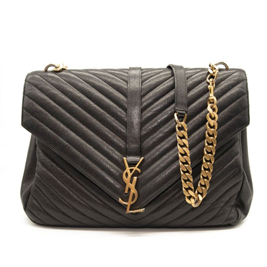 Saint Laurent Sheepskin Matelasse Chevron Monogram Large College Satchel Black Gold