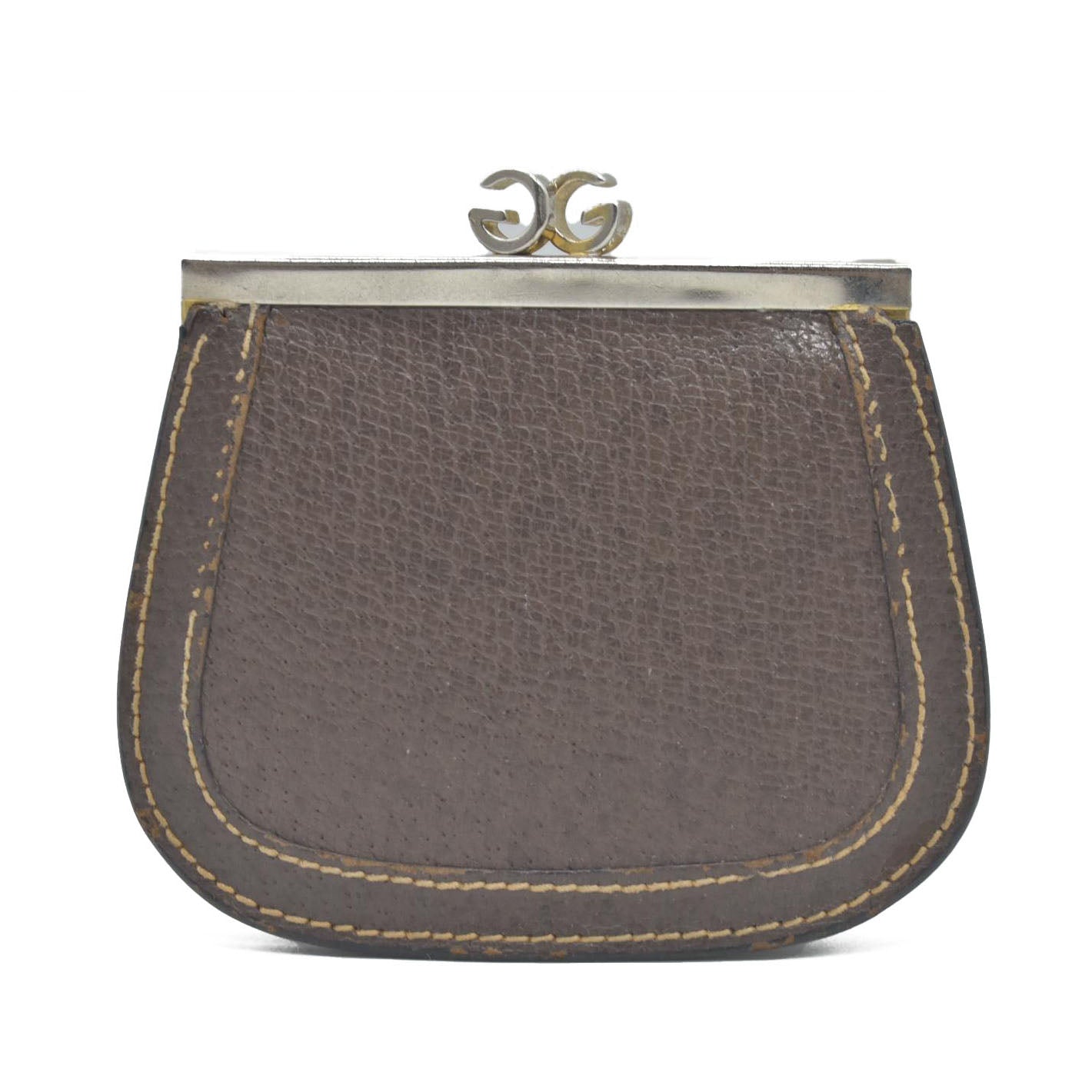 $290 Vintage Gucci GG Kisslock Coin Pouch Leather Brown