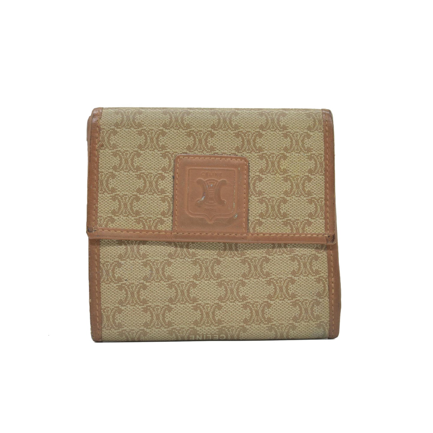 $640 CELINE Macadam PVC Bifold Wallet Purse Beige