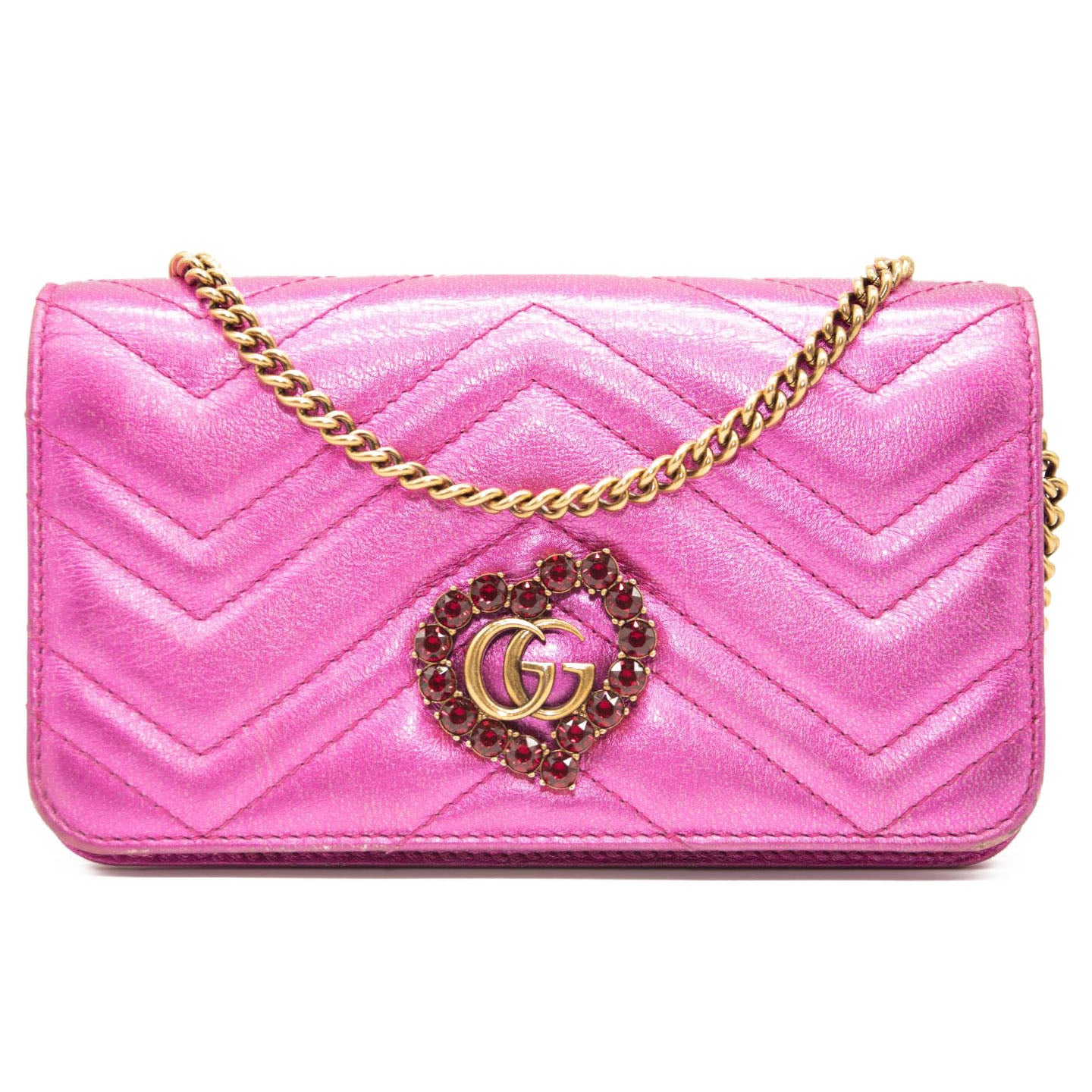 Gucci Metallic Calfskin Matelasse Crystal GG Marmont Mini Bag Fuchsia