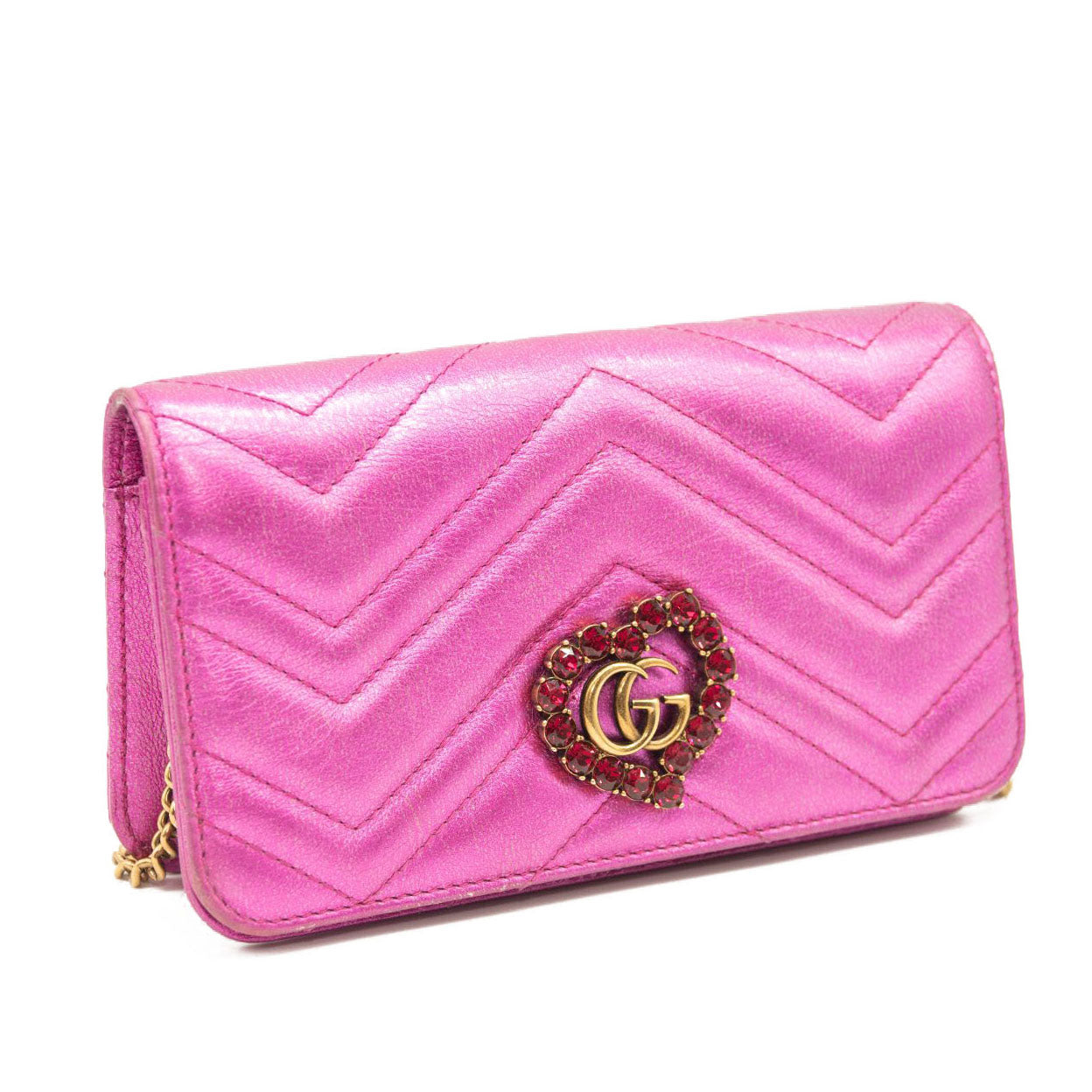 Gucci Metallic Calfskin Matelasse Crystal GG Marmont Mini Bag Fuchsia