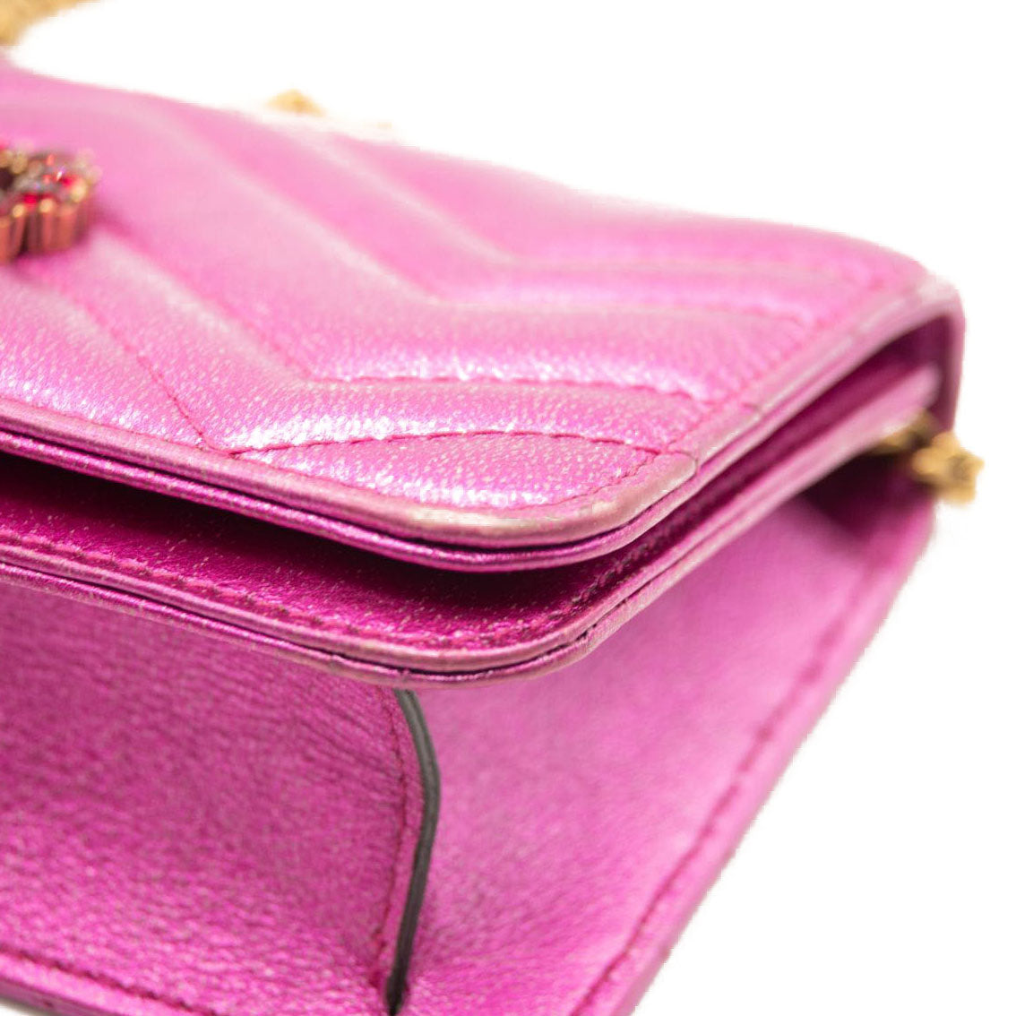 Gucci Metallic Calfskin Matelasse Crystal GG Marmont Mini Bag Fuchsia