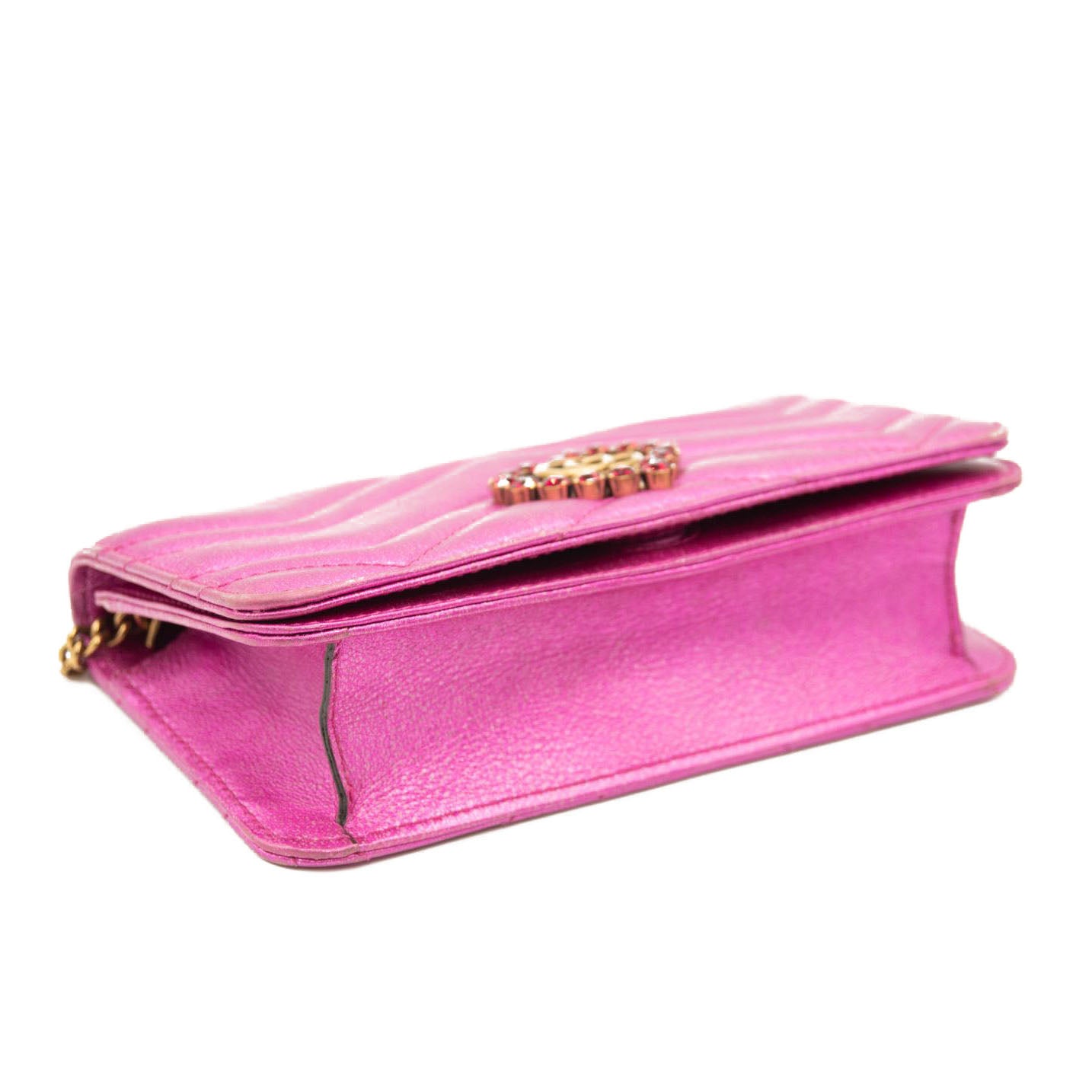 Gucci Metallic Calfskin Matelasse Crystal GG Marmont Mini Bag Fuchsia