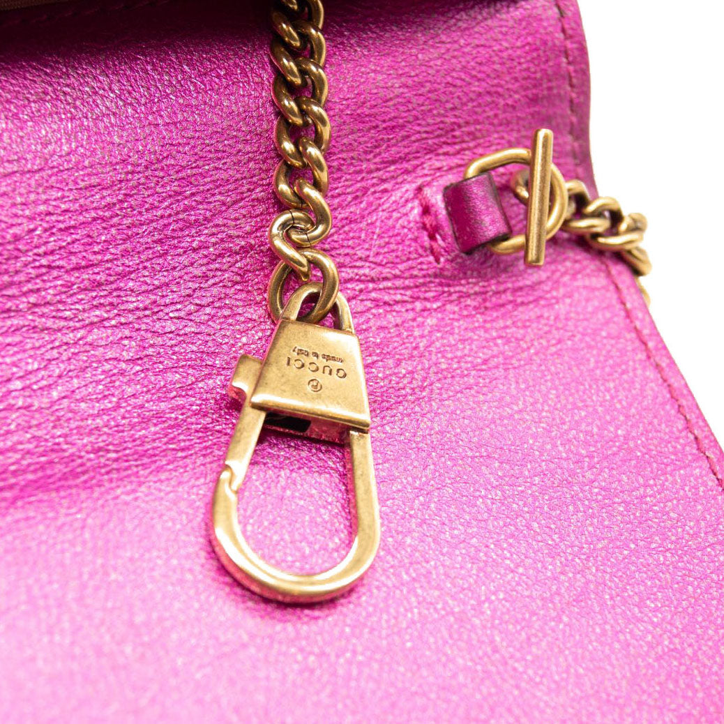 Gucci Metallic Calfskin Matelasse Crystal GG Marmont Mini Bag Fuchsia