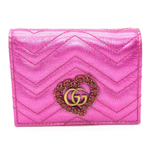 Gucci Metallic Calfskin Matelasse Crystal GG Marmont Wallet Fuchsia