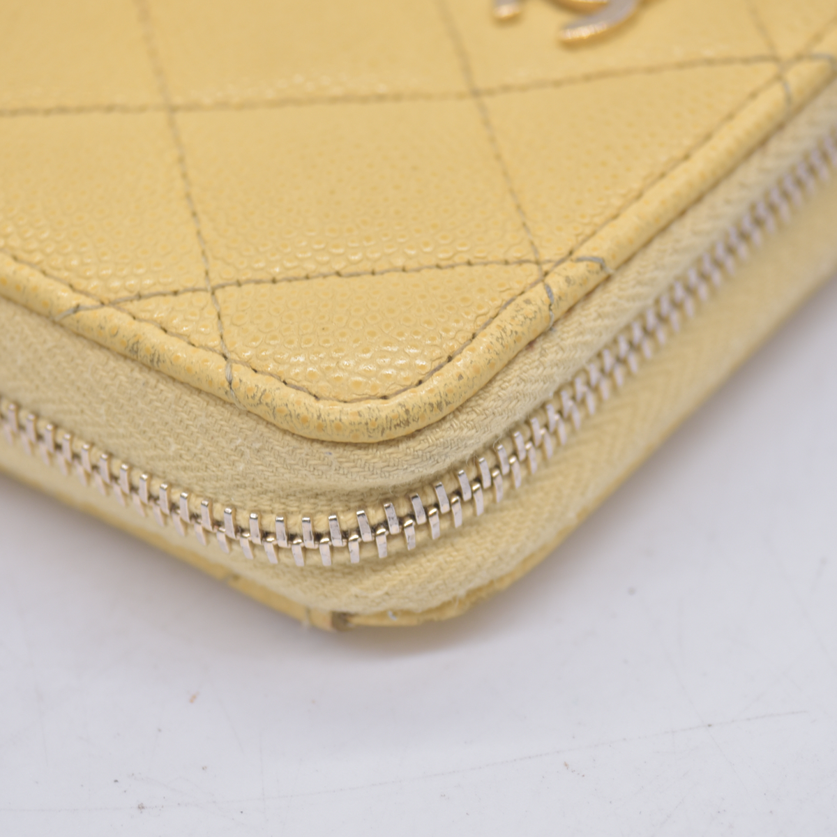 $1150 Chanel 2021 Yellow Quilted Caviar Leather Small Zip-Around Wallet 10021117