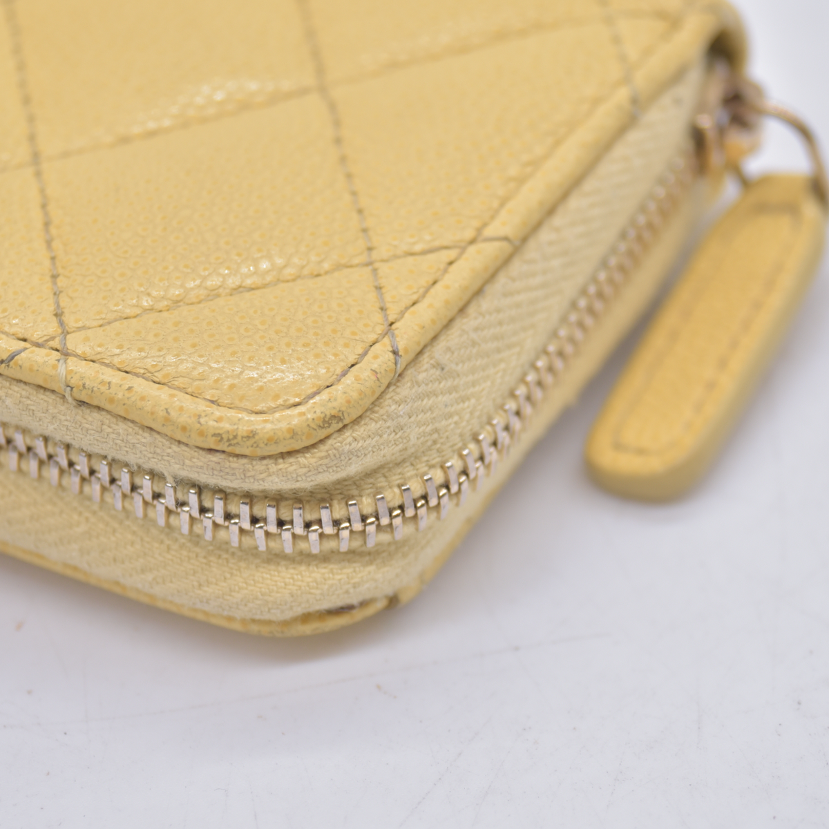 $1150 Chanel 2021 Yellow Quilted Caviar Leather Small Zip-Around Wallet 10021117