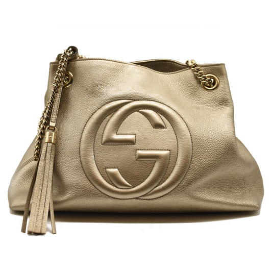 Gucci Metallic Pebbled Calfskin Medium Soho Chain Shoulder Bag Golden Beige