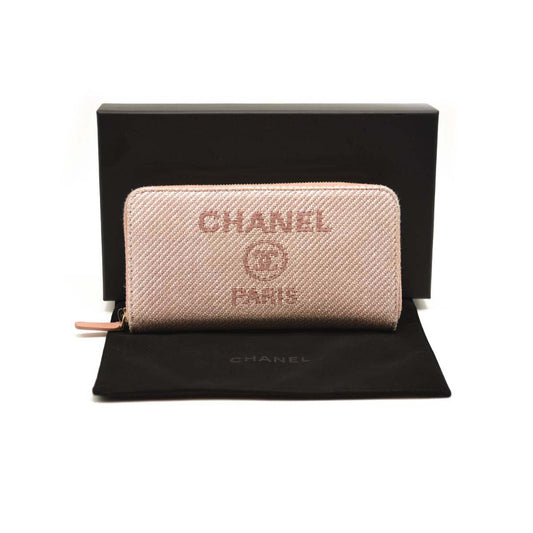 CHANEL Deauville Line Long Wallet Light Pink Pink Raffia Grossgrain