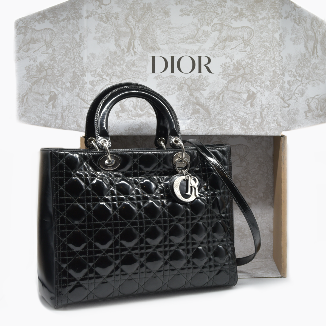 $7200 Christian Dior  Patent Cannage Large Lady Dior Black