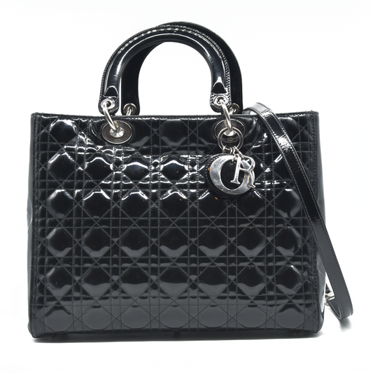 $7200 Christian Dior  Patent Cannage Large Lady Dior Black