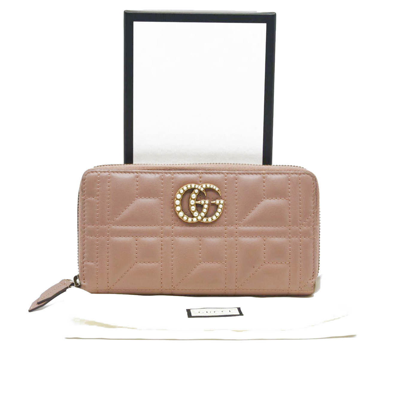 GUCCI Calfskin Matelasse Pearly GG Marmont Zip Around Wallet Porcelain Rose