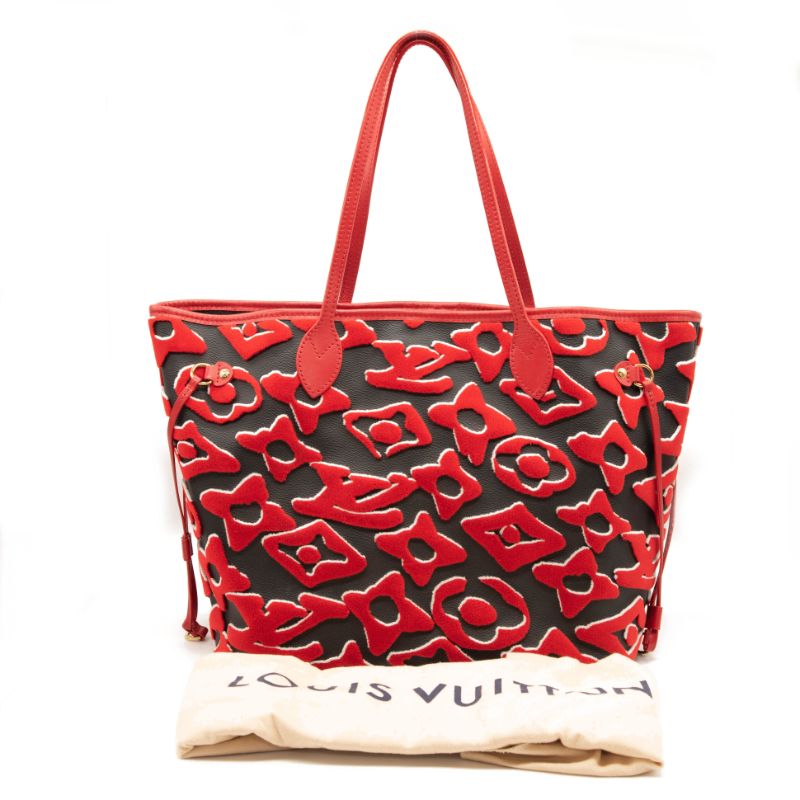 LOUIS VUITTON X UF Tufted Monogram Neverfull MM in Black and Red Tote