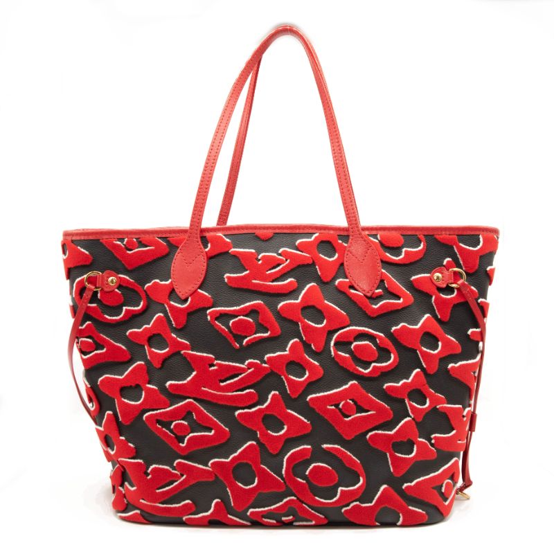 LOUIS VUITTON X UF Tufted Monogram Neverfull MM in Black and Red Tote